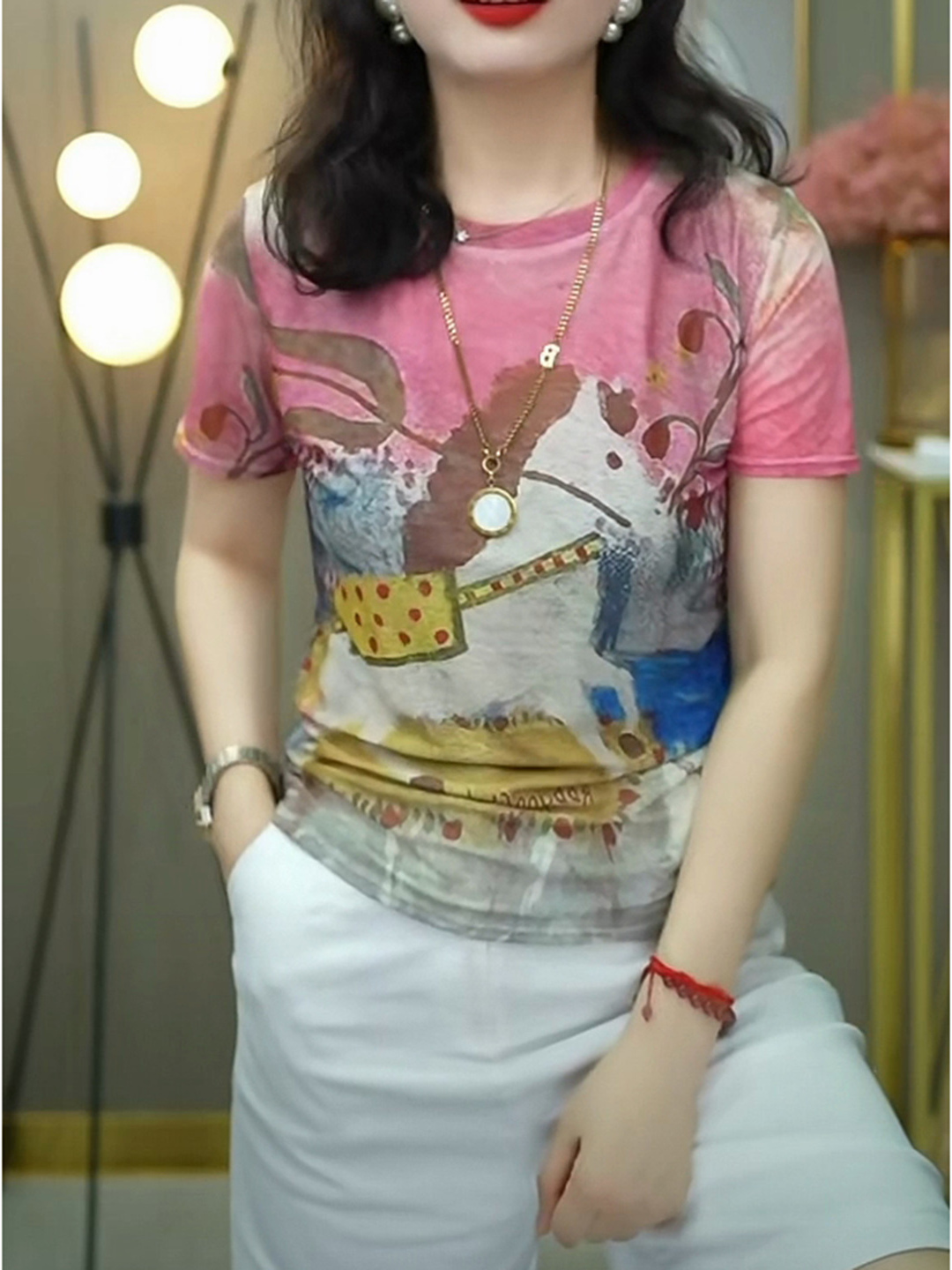 Mesh Top Layering - 韓国スタイル二重層メッシュプリント半袖ラウンドネック Tシャツ女性の夏の新しいファッショントレンディなトップポリエステルスパンデックス