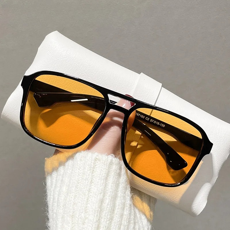 Street Fashion Glasses - スクエアダブルブリッジサングラス女性レトロシェード UV400 トレンドオレンジイエローサングラス女性ファッション男性眼鏡