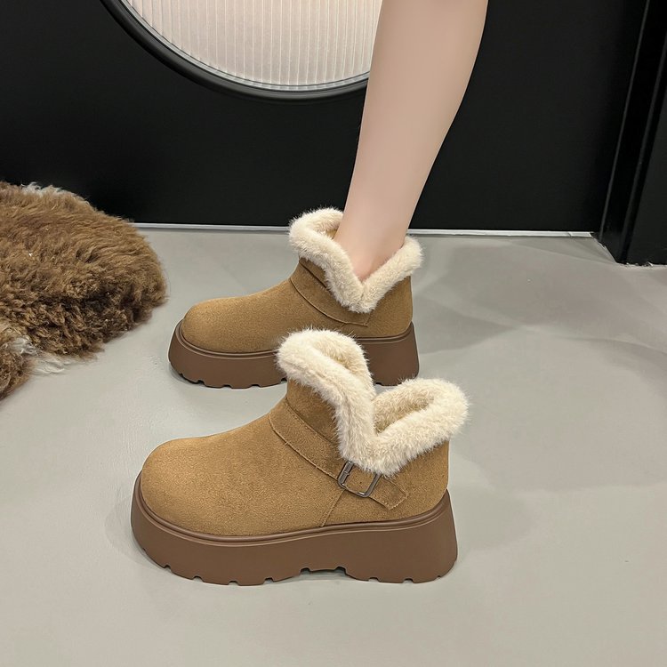 Street Fashion Online - 冬のファッション厚底レディーススノーブーツベルトバックル新スタイルフリース裏地プラッシュコットンシューズカジュアルラウンドトゥブーツ