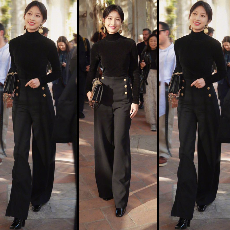 Street Fashion In Milan - ミラノファッションウィークセレブストリートスタイル張麗ホワイトカラーレトロダブルボタンブラックストレートレッグファッションパンツ女性用パンツ