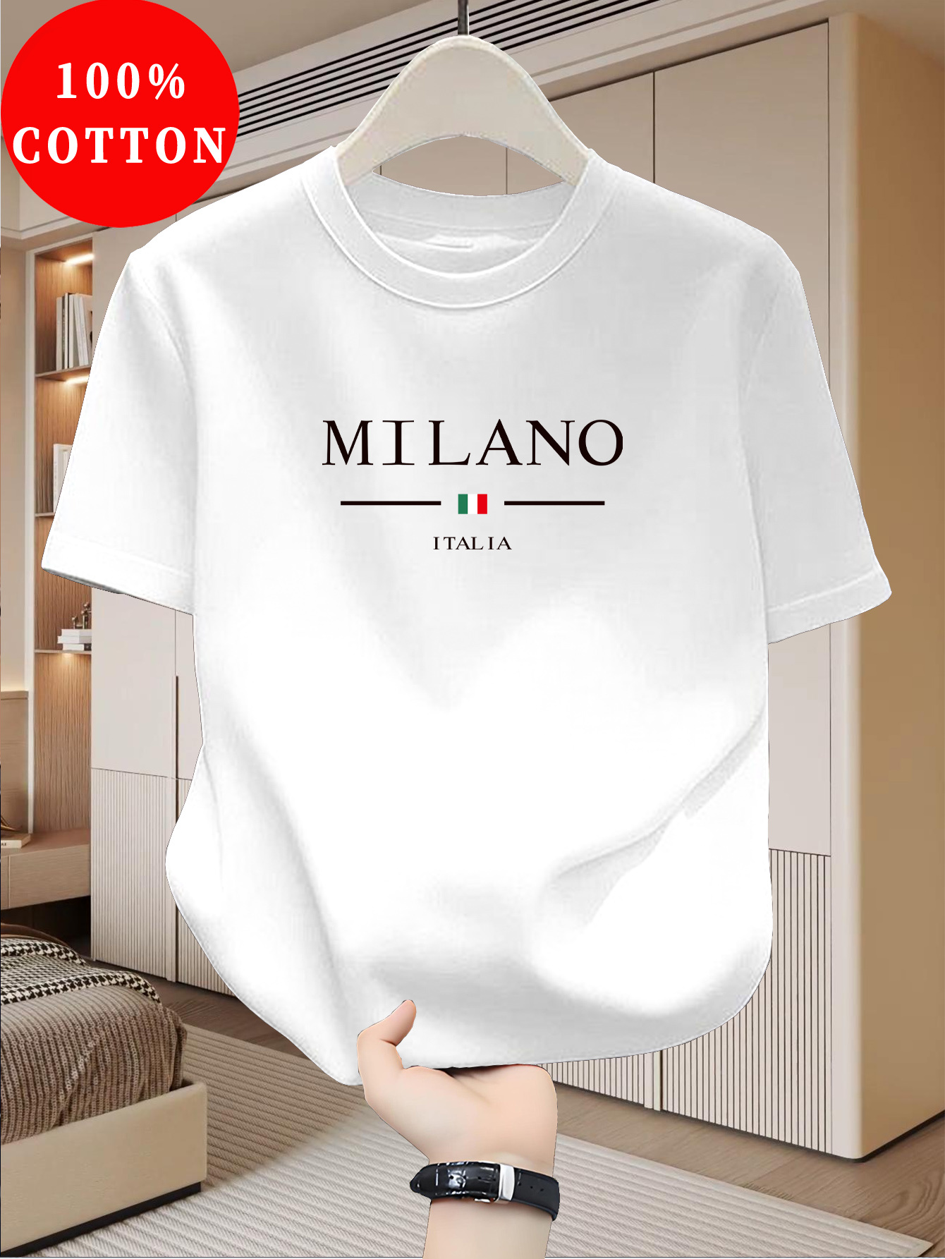 Street Fashion In Milan - ミラノパターンプリント半袖カジュアルでファッショナブルなラウンドネックデザインの男性と女性の夏のストリートトップス