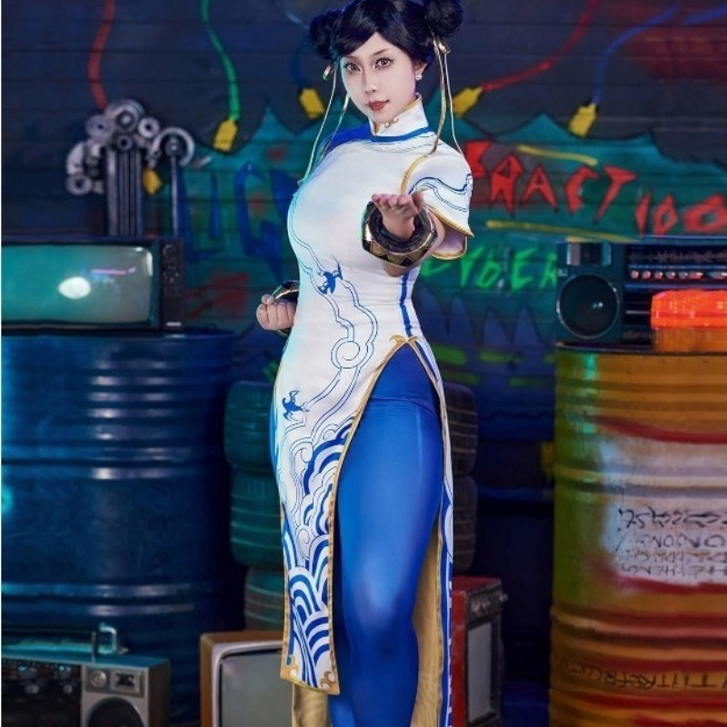 Street Fashion Dress - ゲーム春麗コスチュームストリートコスプレファイターブルーチャイナドレス中国風ドレス女性のためのロールプレイ衣装テーマパーティー