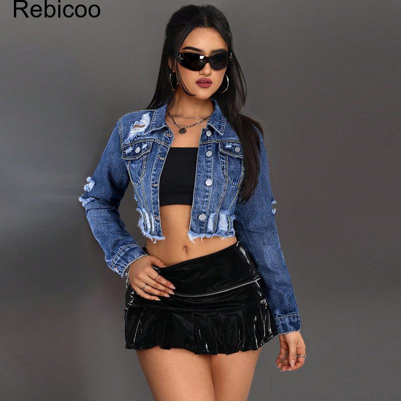 Distressed Jean Rip - レディース クロップドデニムジャケット 長袖 ボタンダウン ダメージ加工 リップドジーンコート