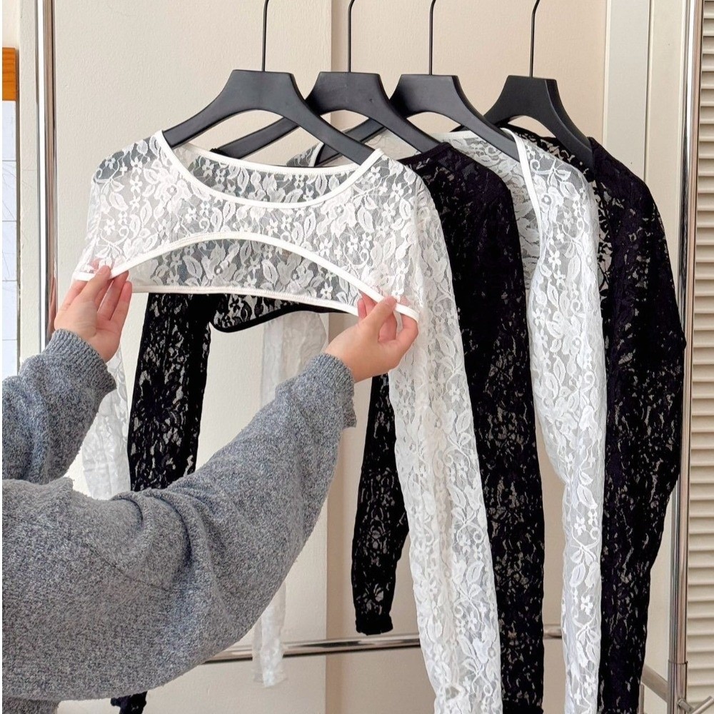 Mesh Top Layering - スタイリッシュなソリッドカラーのレース長袖トップス、通気性のある伸縮性のあるシースルートップス、スリムフィット、日焼け防止メッシュクロップドトップス