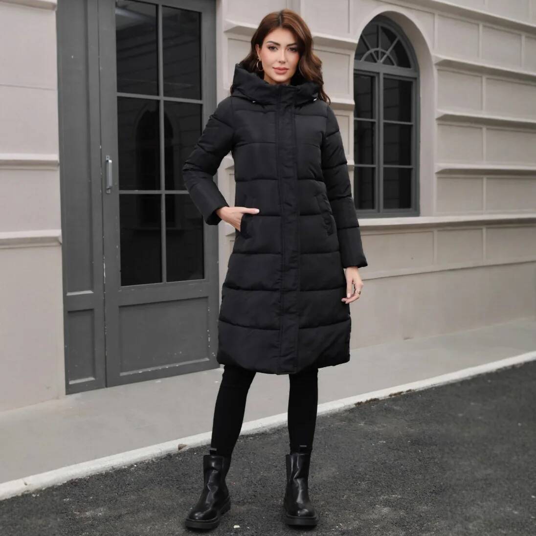 Street Fashion Taiwan - アメリカのヨーロッパの新しいファッション女性のスリムカジュアルトレンディエレガントな黒無地膝丈パーカー女性の冬服コート