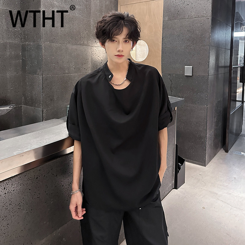 Street Fashion Taiwan - WTHT ファッション 2026 夏メンズソリッドカラー包帯プリーツルーズデザイン Tシャツトレンディなハイストリートラウンドカラートップ男性 2A2948