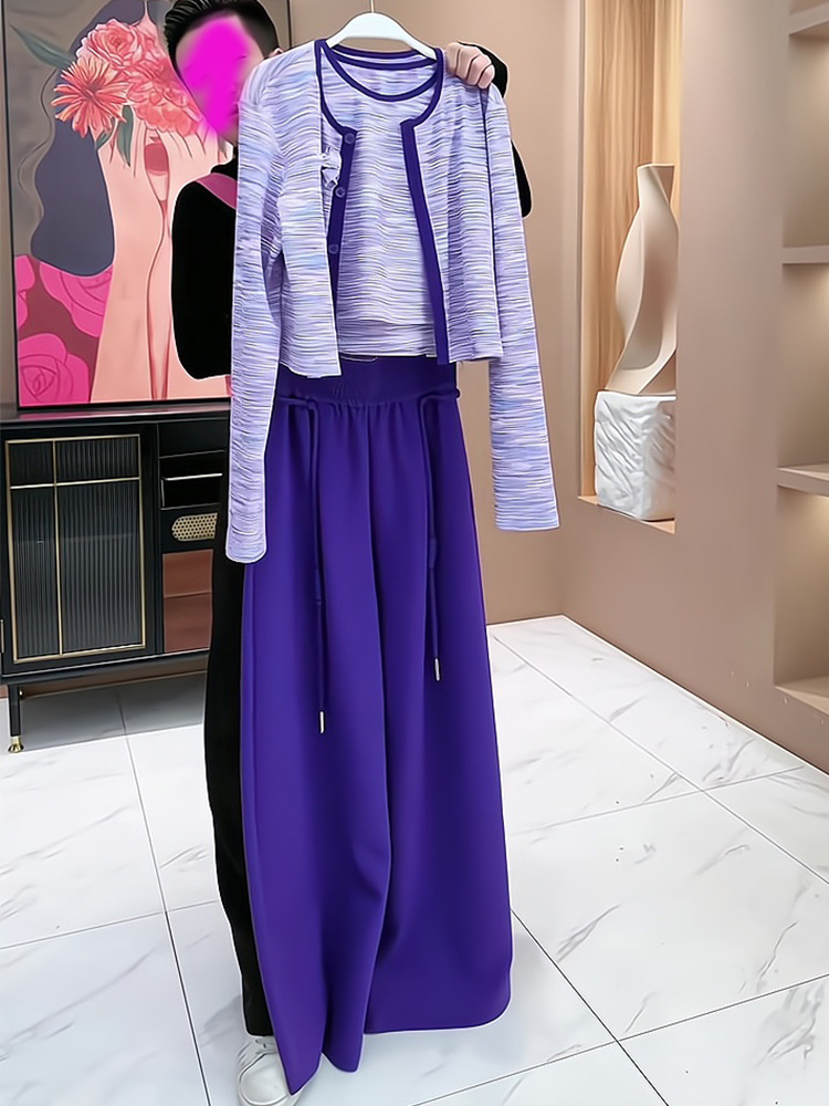 Street Fashion Online - おしゃれなワイドレッグパンツセット レディース 秋服 カーディガン インナーベスト 3点セット