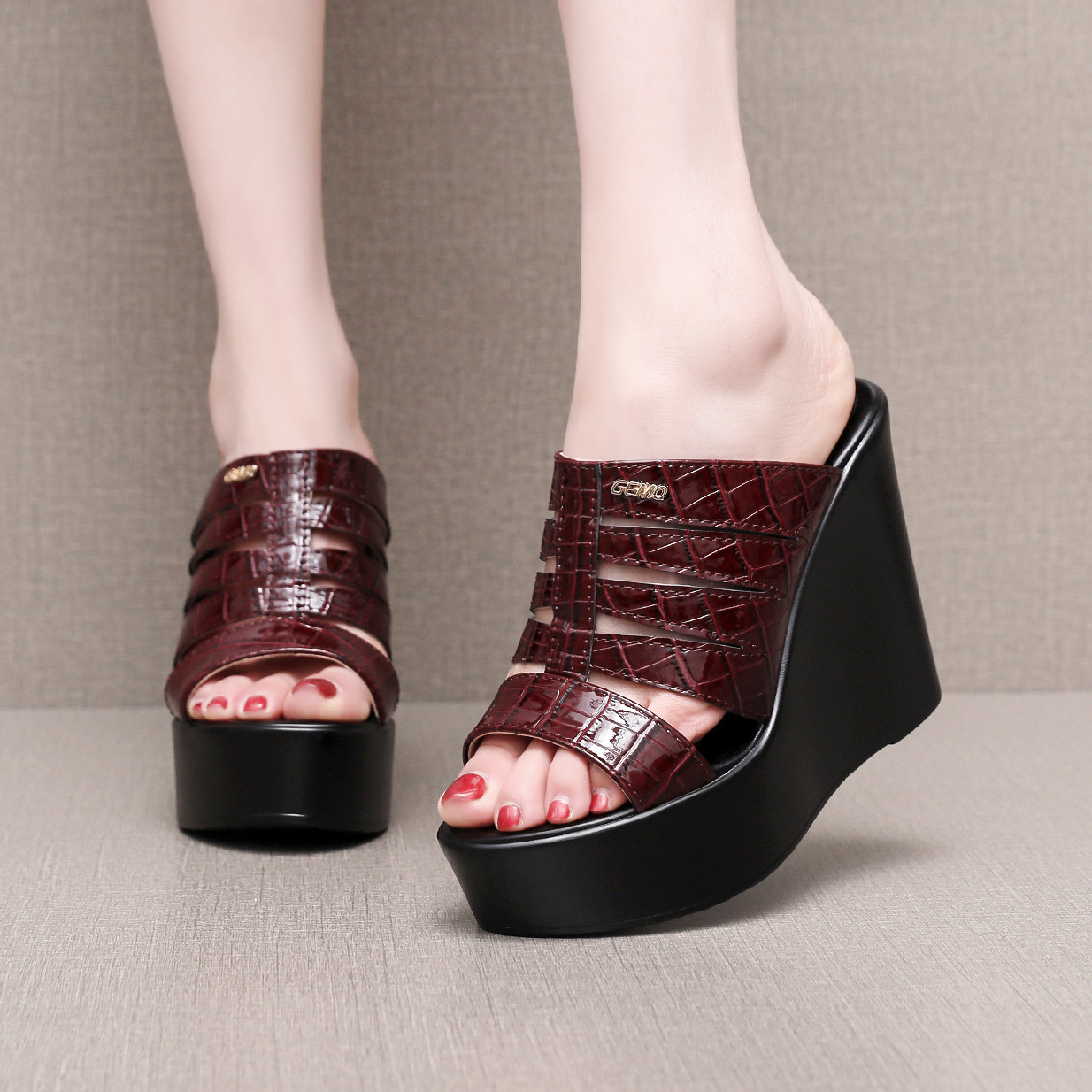Street Fashion Dress - 高品質サマーレザーウェッジスリッパ レディース 6cm 8cm 10cm ハイヒール