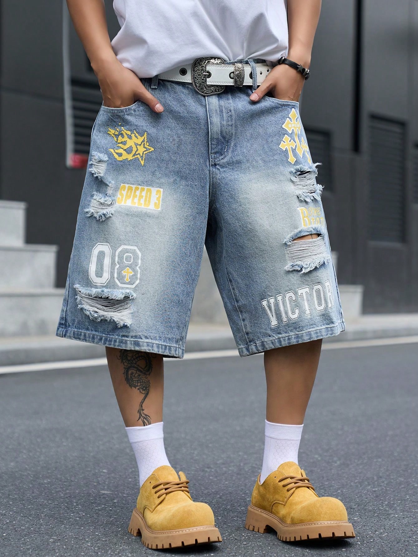 Distressed Jean Rip - メンズ ルーズフィット デニム バミューダ ショーツ、ヴィンテージ ダメージ加工
