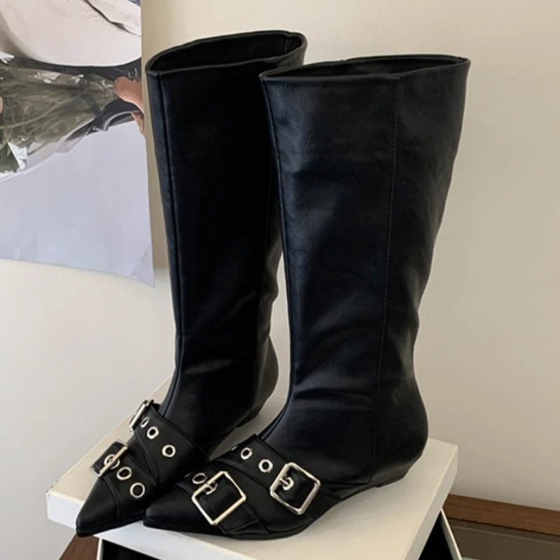 ユニークな金属バックル装飾付きミドル丈ブーツ、女性用ファッシ - Street Fashion Dress のレビューと価格