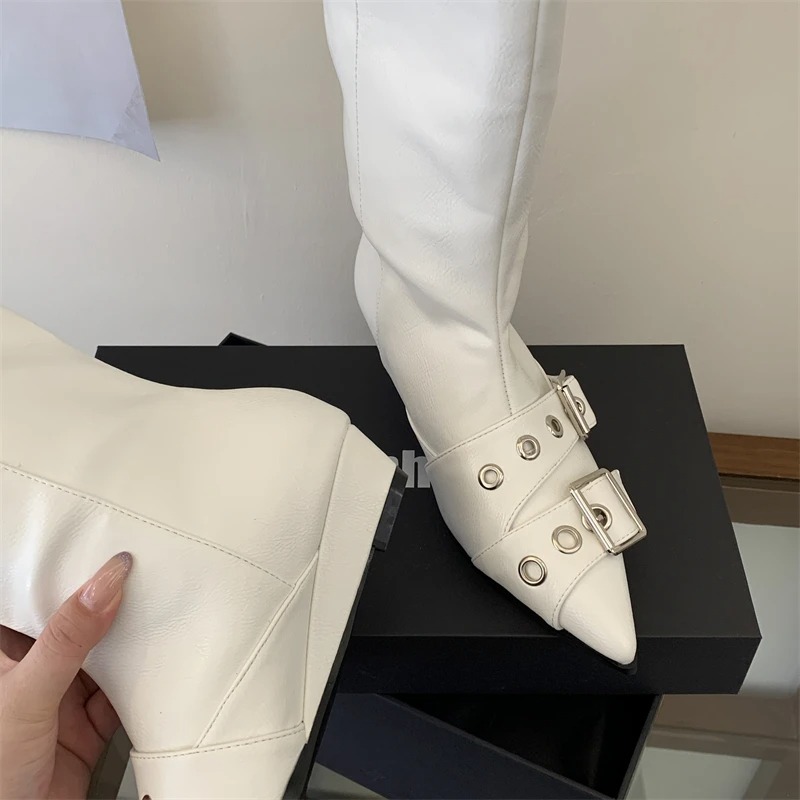 ユニークな金属バックル装飾付きミドル丈ブーツ、女性用ファッシ - Street Fashion Dress のレビューと価格