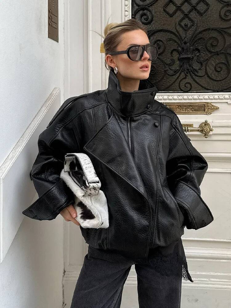 女性の秋のファッション非対称ボタンポケット長袖黒ルーズジッパ - Street Fashion Taiwan のレビューと価格