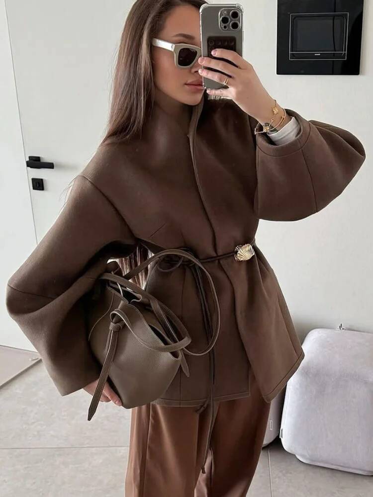シックな女性の無地ウールコート、エレガントな長袖、ウエストタ - Street Fashion Taiwan のレビューと価格