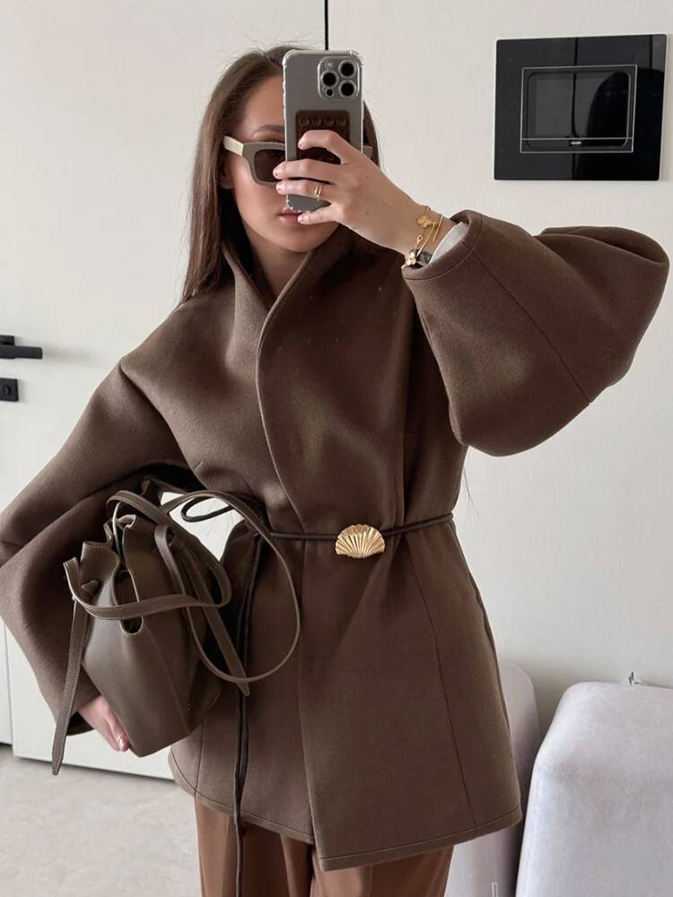 シックな女性の無地ウールコート、エレガントな長袖、ウエストタ - Street Fashion Taiwan のレビューと価格