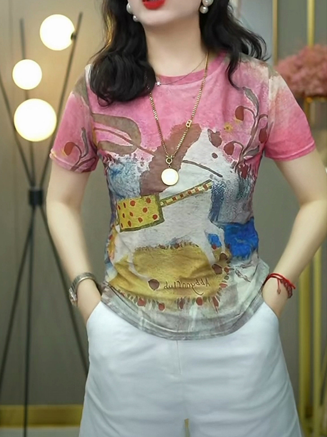 韓国スタイル二重層メッシュプリント半袖ラウンドネック Tシャ - Mesh Top Layering のレビューと価格