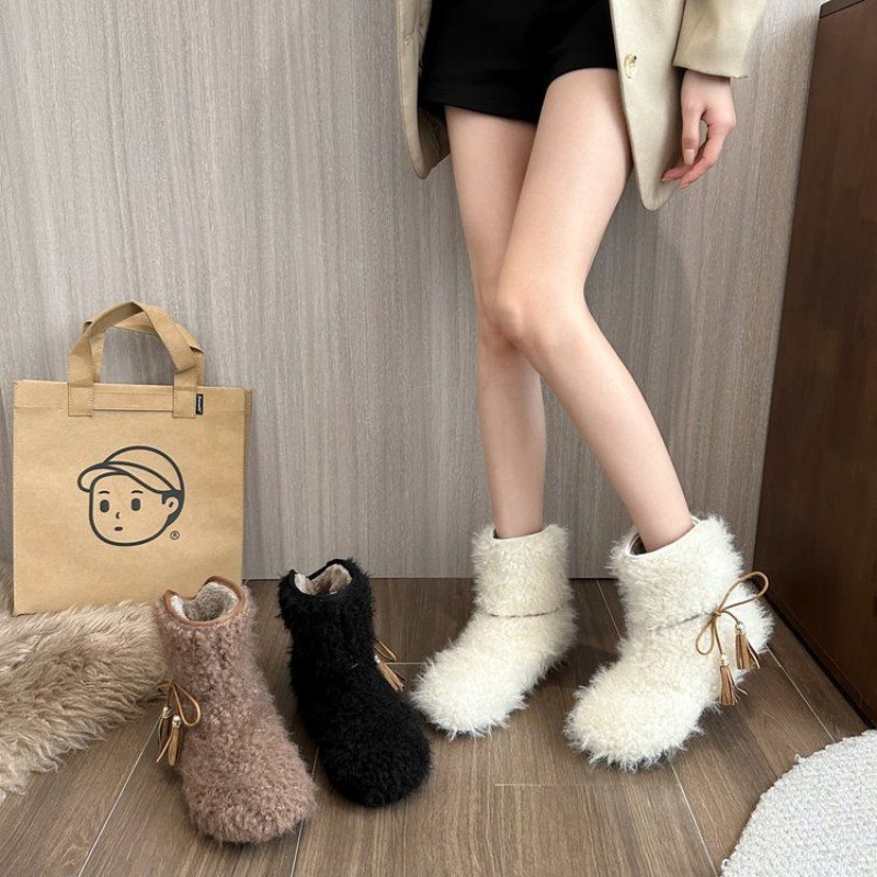 無地のフリース裏地付きホワイトレディースシューズ、暖かいフラ - Street Fashion Online のレビューと価格