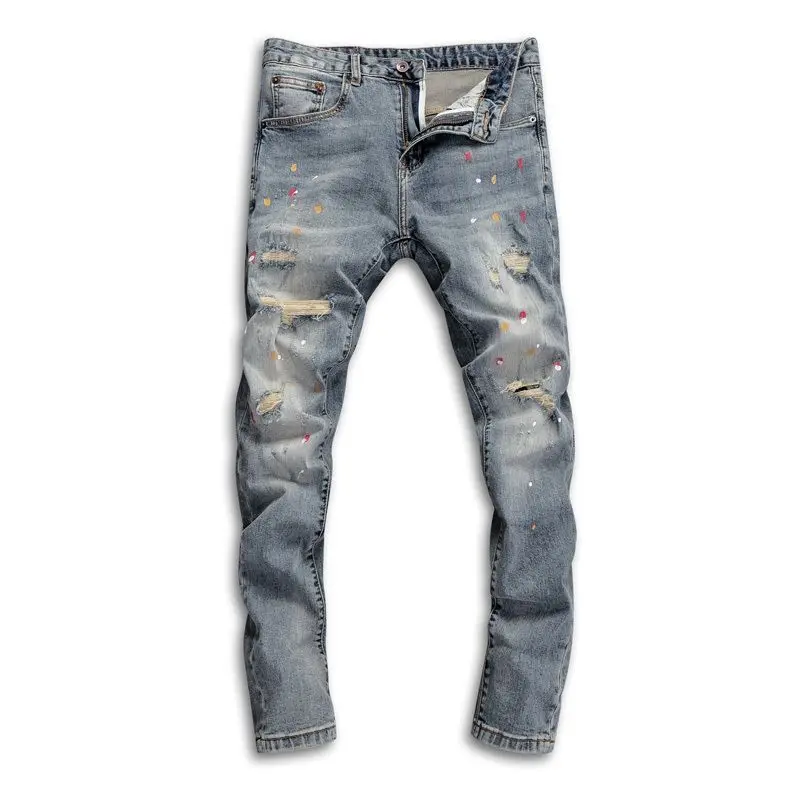 メンズヴィンテージデニム,色あせたタイトなジーンズ,プリント - Distressed Jean Rip のレビューと価格