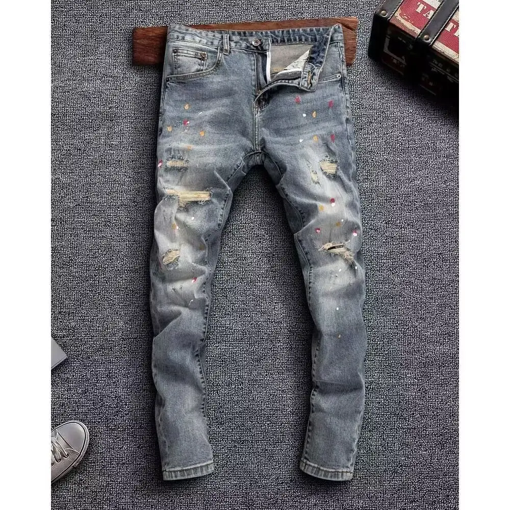 メンズヴィンテージデニム,色あせたタイトなジーンズ,プリント - Distressed Jean Rip のレビューと価格