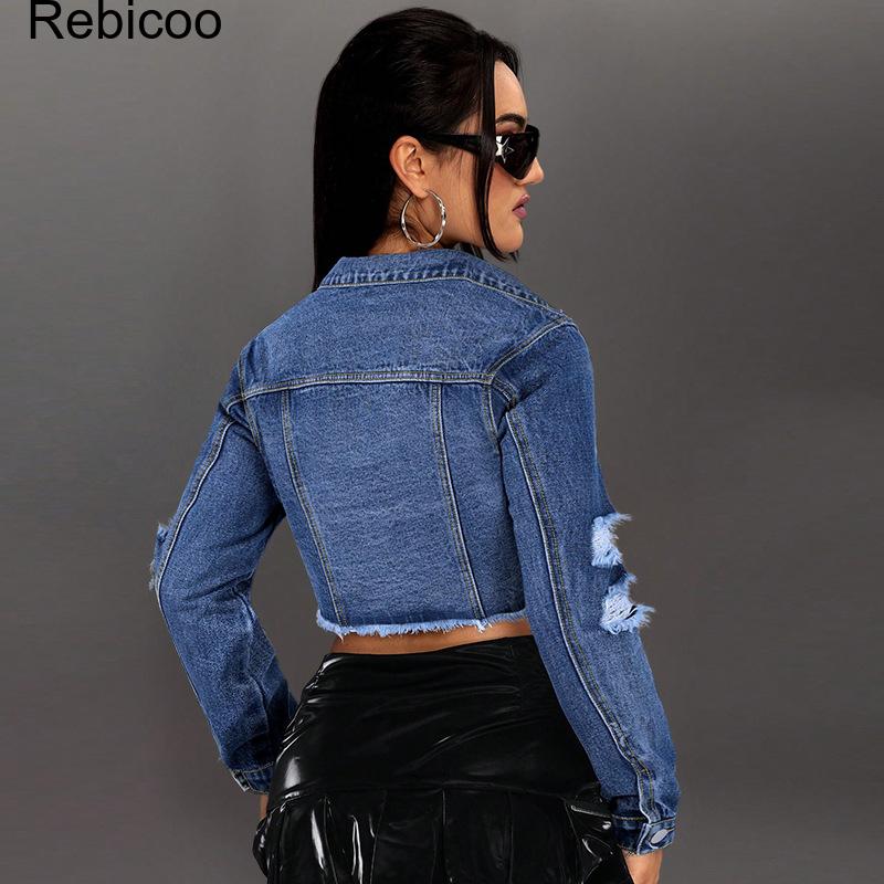 レディース クロップドデニムジャケット 長袖 ボタンダウン  - Distressed Jean Rip のレビューと価格