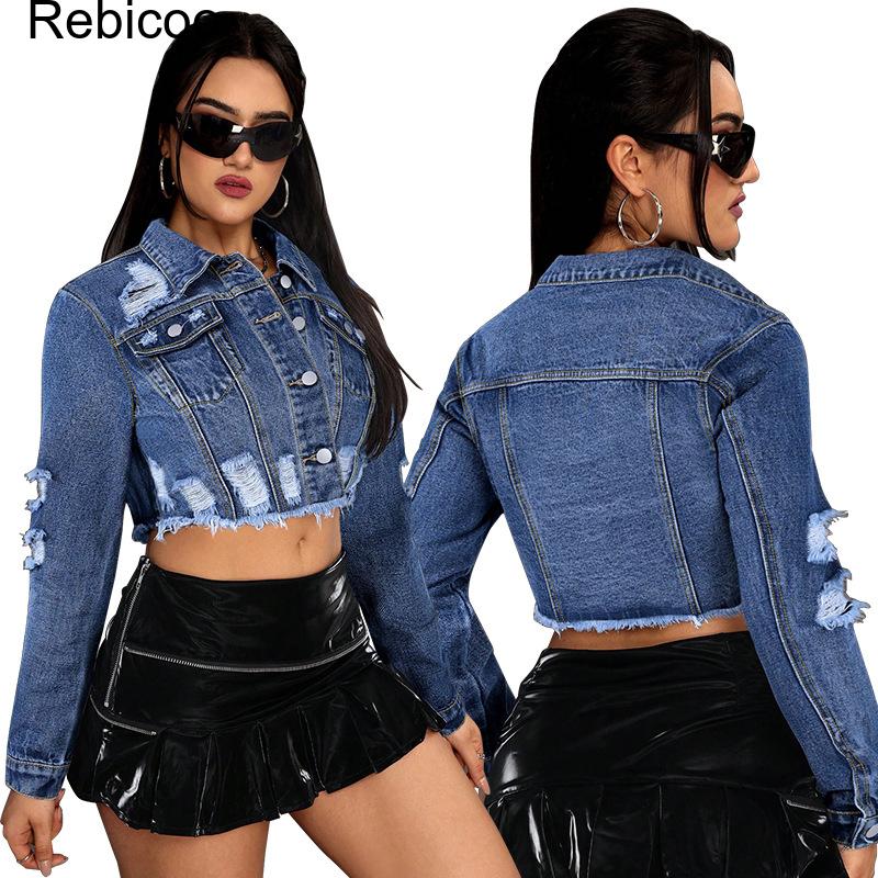 レディース クロップドデニムジャケット 長袖 ボタンダウン  - Distressed Jean Rip のレビューと価格