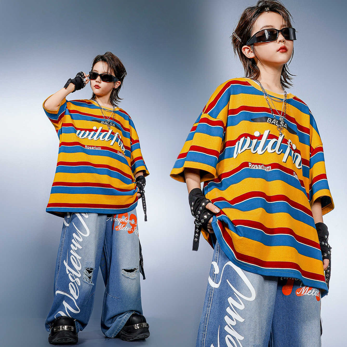 子供用ヒップホップ服 黄色のストライプTシャツ デニムブルー - Distressed Jean Rip のレビューと価格