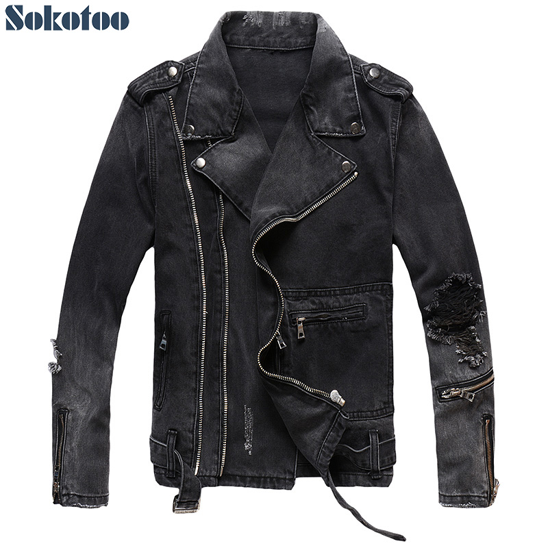 Sokotoo男性のジッパー黒デニムジャンバイカーチェーンジ - Distressed Jean Rip のレビューと価格