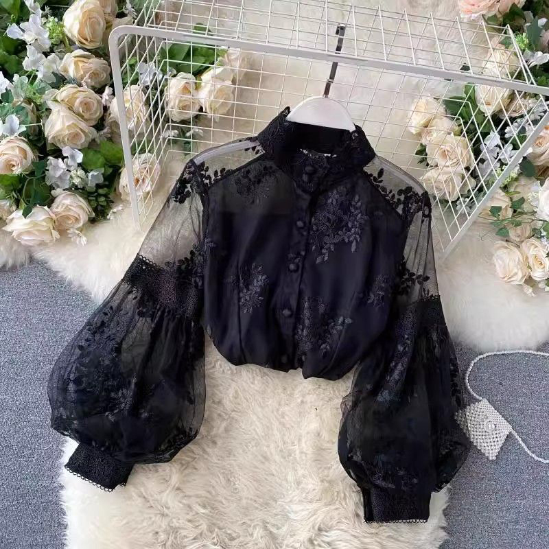フランスのヴィンテージ風メッシュレースブラウス、女性らしいエ - Mesh Top Layering のレビューと価格