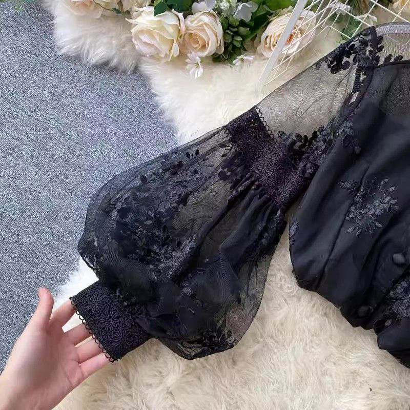 フランスのヴィンテージ風メッシュレースブラウス、女性らしいエ - Mesh Top Layering のレビューと価格