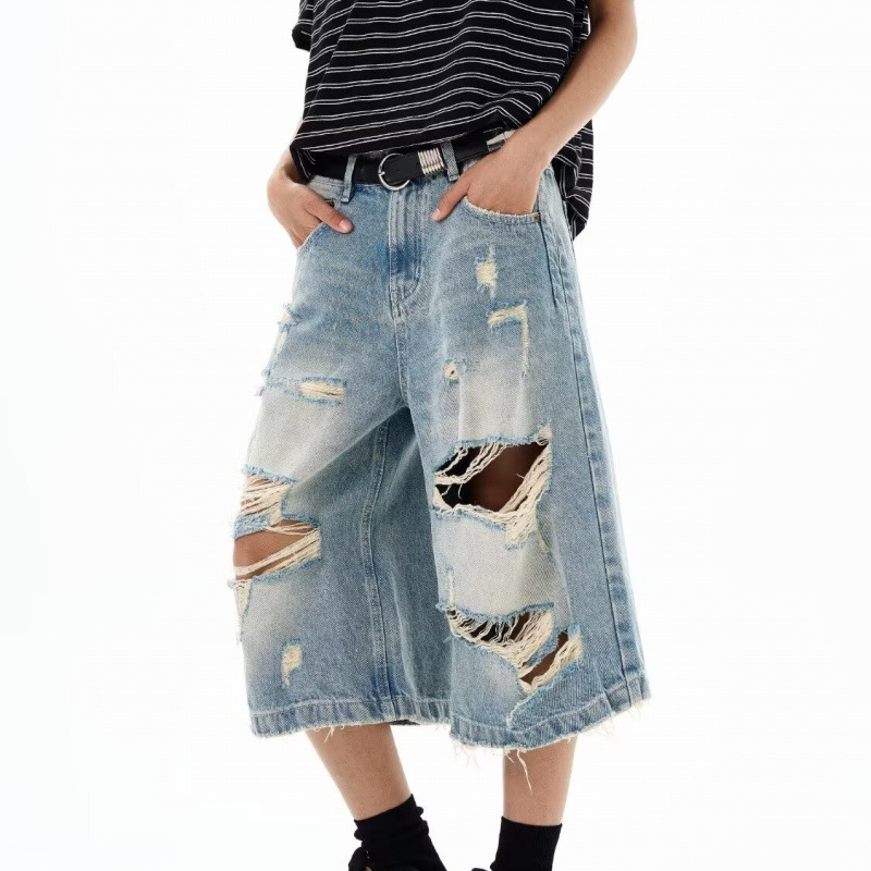 新しいメンズヴィンテージリップドバギーショートジーンズ、レデ - Distressed Jean Rip のレビューと価格